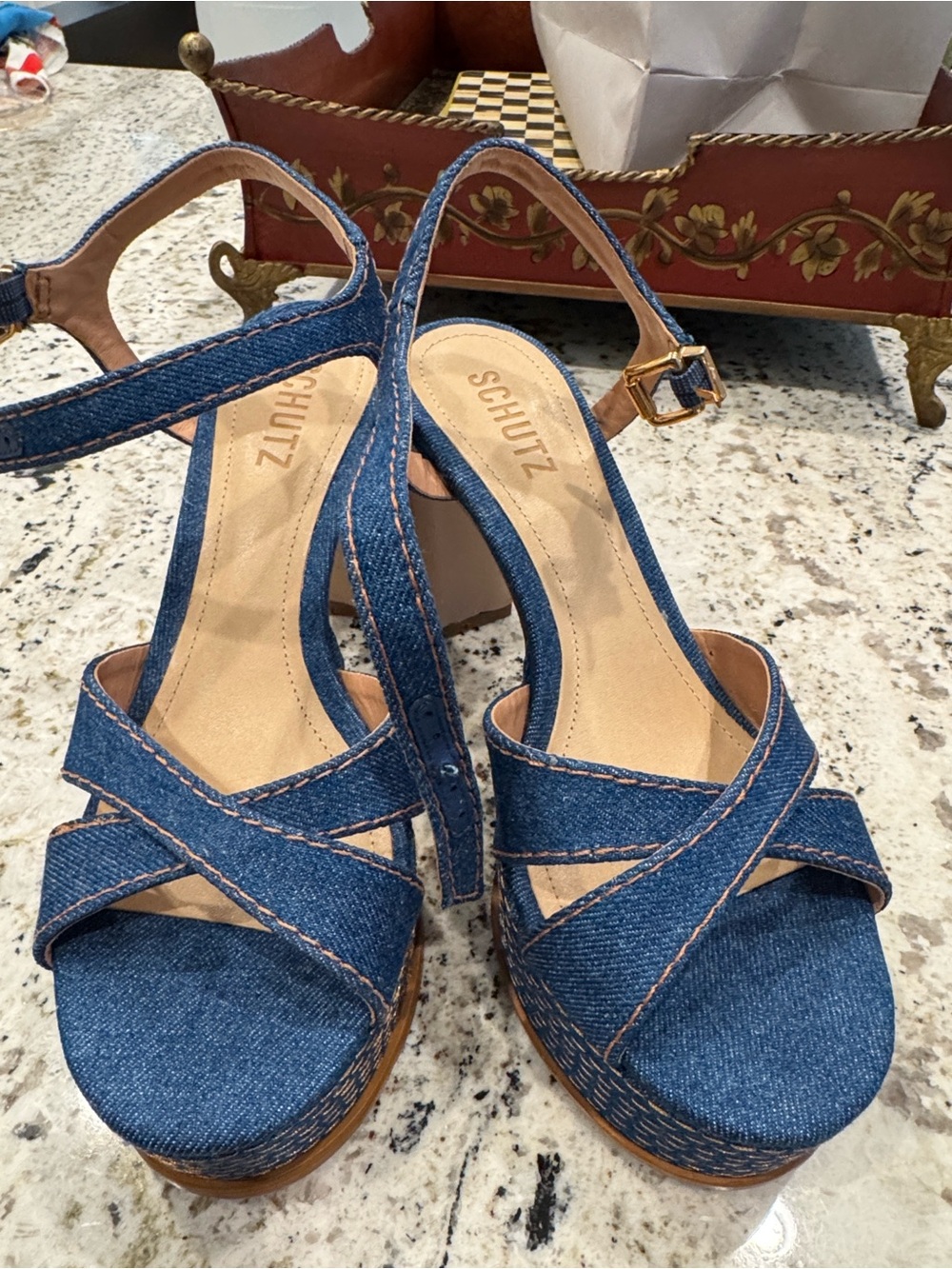 SCHUTZ Denim Blue Platform Sandal Heels